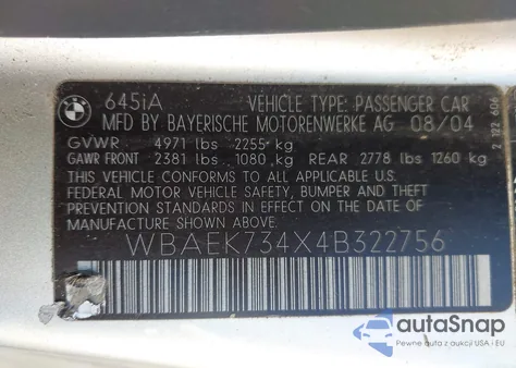 2004 BMW 645Ci из США, поврежденный, VIN WBAEK734X4B322756